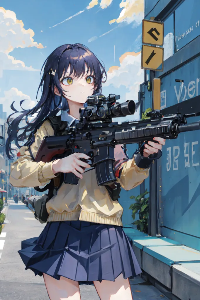 The image depicts an anime-style school girl with long black hair and yellow eyes. She is wearing a yellow sweater, a pleated skirt, and a backpack. She is also carrying a gun. The girl is standing in an urban setting, with buildings and a street in the background. The image is drawn in a realistic style, with soft shading and detailed textures.