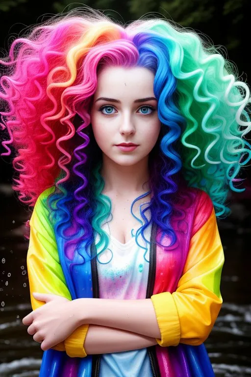 A imagem mostra uma jovem com cabelos muito encaracolados e coloridos, em tons de azul, verde e rosa. Seus olhos são azuis e sua pele é clara. Ela está usando um jaqueta brilhante e colorida, com tons de azul, amarelo, rosa e verde. O fundo está desfocado.