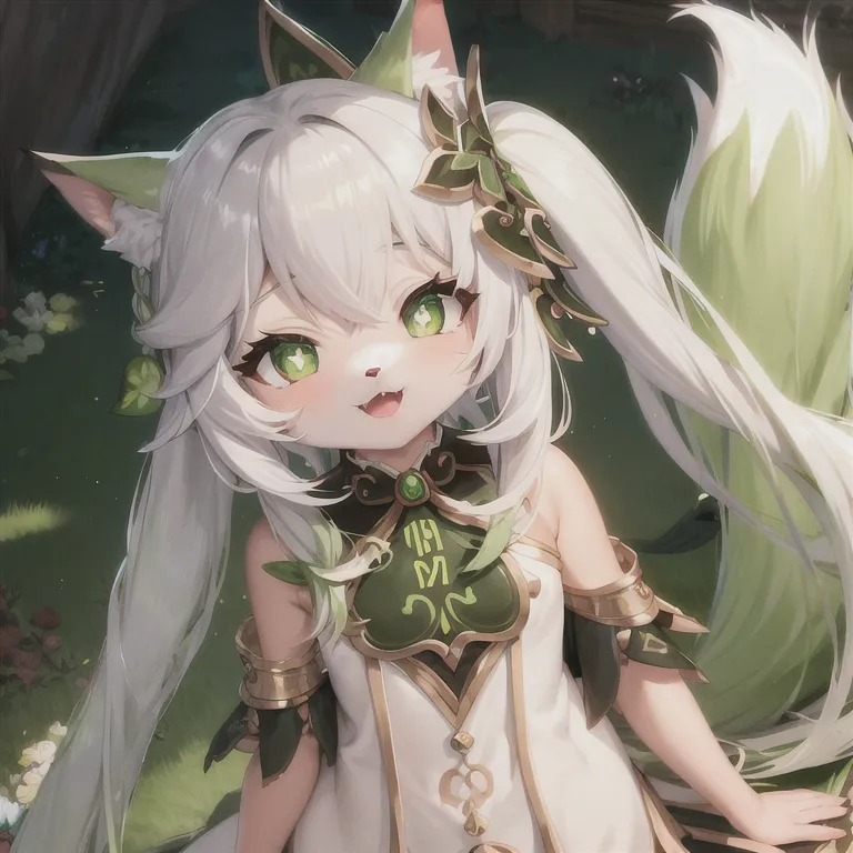 The image is of a young girl with white hair and green eyes. She has fox ears and a fluffy white tail. She is wearing a white and green dress with a leaf-like pattern. She is sitting in a forest, surrounded by green leaves. She has a happy expression on her face and seems to be enjoying the sunshine.