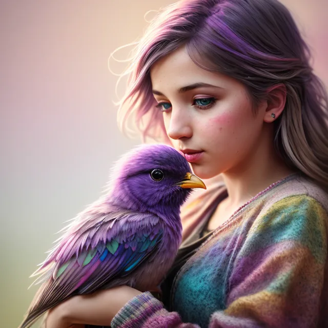 The image is a portrait of a beautiful young woman with purple hair and blue eyes. She is wearing a colorful sweater and has a purple bird perched on her shoulder. The background is a soft, out-of-focus gradient of purple and pink. The woman's expression is one of peace and contentment. The painting is done in a realistic style, and the artist has paid great attention to detail. The woman's hair is particularly well-rendered, with each individual strand visible. The bird is also beautifully rendered, with its feathers appearing soft and fluffy. The painting is a lovely and peaceful image, and it is sure to bring a smile to the viewer's face.