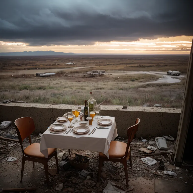 The image shows a table set for two in a room with a large window. The table is covered with a white tablecloth and there are two chairs, two place settings, and two wine glasses on the table. The room is otherwise empty and there is no one in it. The window looks out onto a vast, empty landscape with a mountain range in the distance. The sky is cloudy and there is a storm brewing.