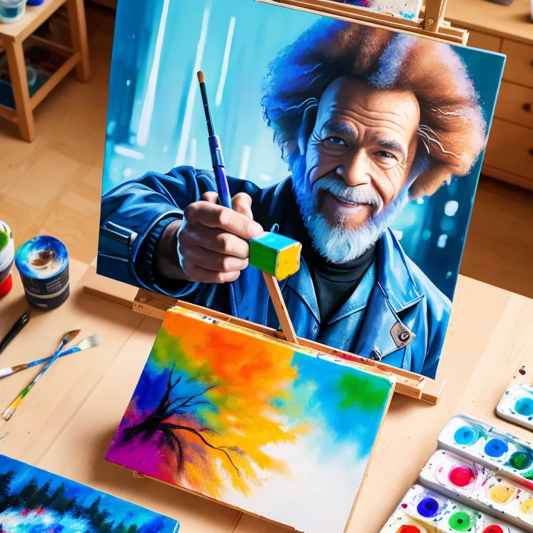 The image shows an elderly man with a white beard and afro wearing a blue shirt and black jacket painting on a canvas. He is holding a paintbrush in his right hand and a small blue cube in his left hand. The canvas he is painting on is a colorful landscape with a tree in the foreground. There are several other paintings on the table in front of him, including a cityscape and a portrait of a woman. There are also several paintbrushes and tubes of paint on the table. The man is smiling and looking at the camera. He has a paintbrush in his right hand and is holding a small blue cube in his left hand. He is wearing a blue shirt and black jacket. The background is a wall with a painting of a forest on it.