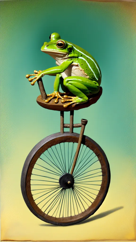 A green frog is sitting on a unicycle. The frog is wearing a gold and red striped hat. The unicycle is made of wood and has a metal wheel. The frog is holding the handlebars of the unicycle with its front feet and is pedaling with its back feet. The frog is surrounded by a green and yellow background.