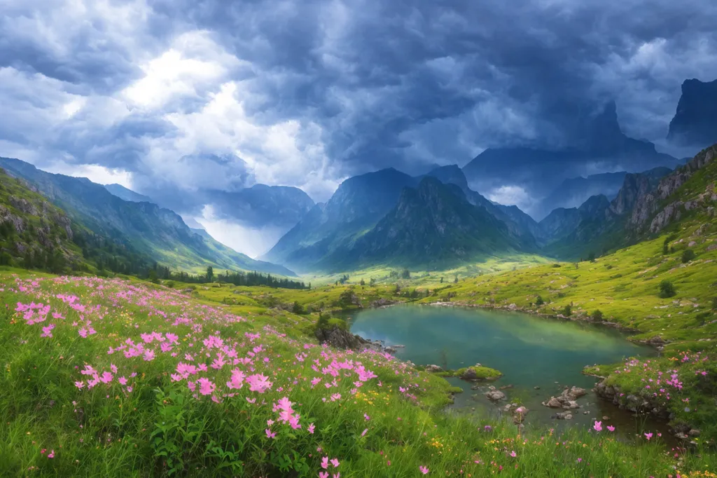 A imagem é de uma bela paisagem de montanha com um lago. O céu está escuro e nublado, mas o sol ainda brilha intensamente. As montanhas estão cobertas de neve e o lago é cercado por uma exuberante pradaria verde. Há muitos tipos diferentes de flores na pradaria. As flores mais proeminentes são rosa e roxas. Há um rio fluindo através da pradaria e desembocando no lago. O rio é estreito e raso. O lago está calmo e tranquilo. A imagem é muito pacífica e serena.