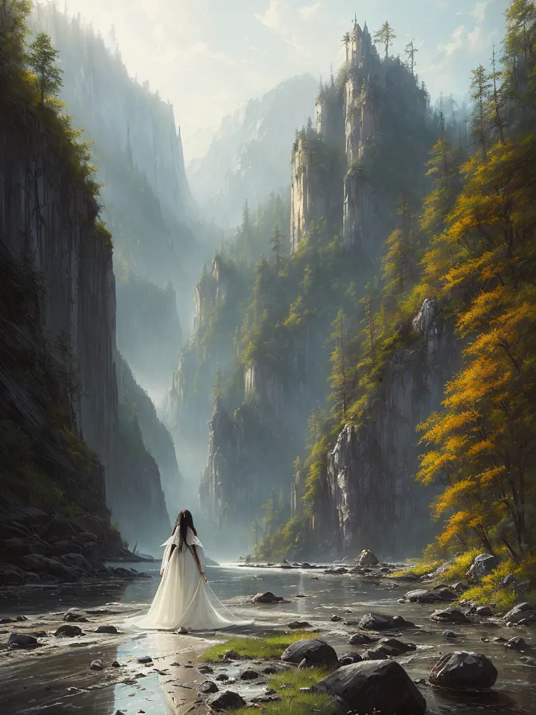 The image is of a woman in a white dress standing in a river. The river is flowing through a narrow valley with steep cliffs on either side. The cliffs are covered in moss, grass, and trees. There is a castle on top of one of the cliffs. The sky is hazy and there are clouds obscuring the sun. The woman is holding a staff and wearing a circlet on her head. She has long black hair and pale skin.