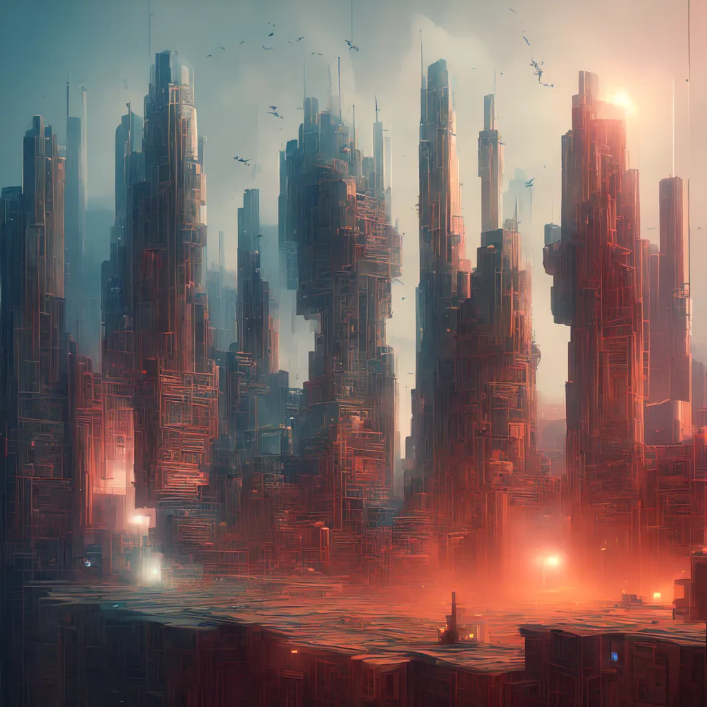 The image shows a futuristic city with tall buildings and a red tint. The sky is foggy and there are birds flying in the distance. The buildings are made of metal and glass and have a lot of detail. The city is very tall and there are a lot of lights. The image is very detailed and has a lot of atmosphere.