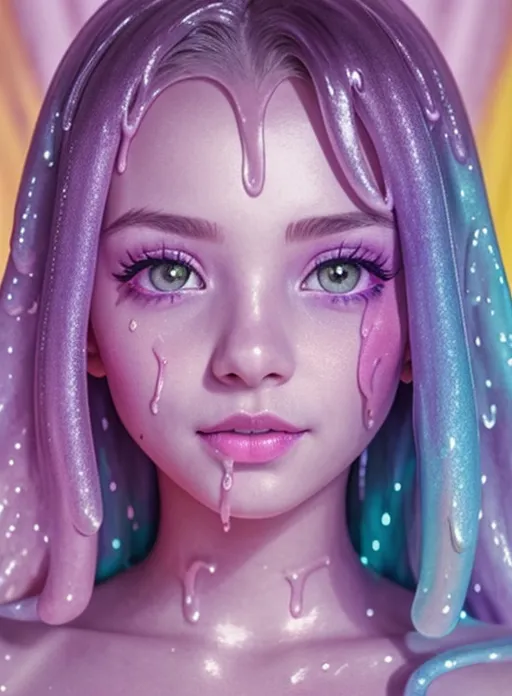 This image is a portrait of a young woman with purple hair and green eyes. She is covered in a shiny, purple liquid that is dripping down her face and neck. The background is a light pink color. The woman's expression is one of calm and serenity.