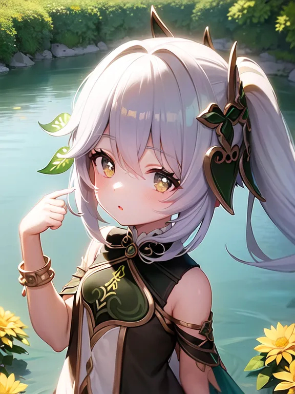 The image shows a small girl with long white hair and green eyes. She is wearing a green and white dress with a yellow flower in her hair. She is standing in a field of flowers and there is a river in the background. The girl is smiling and has her finger on her cheek.