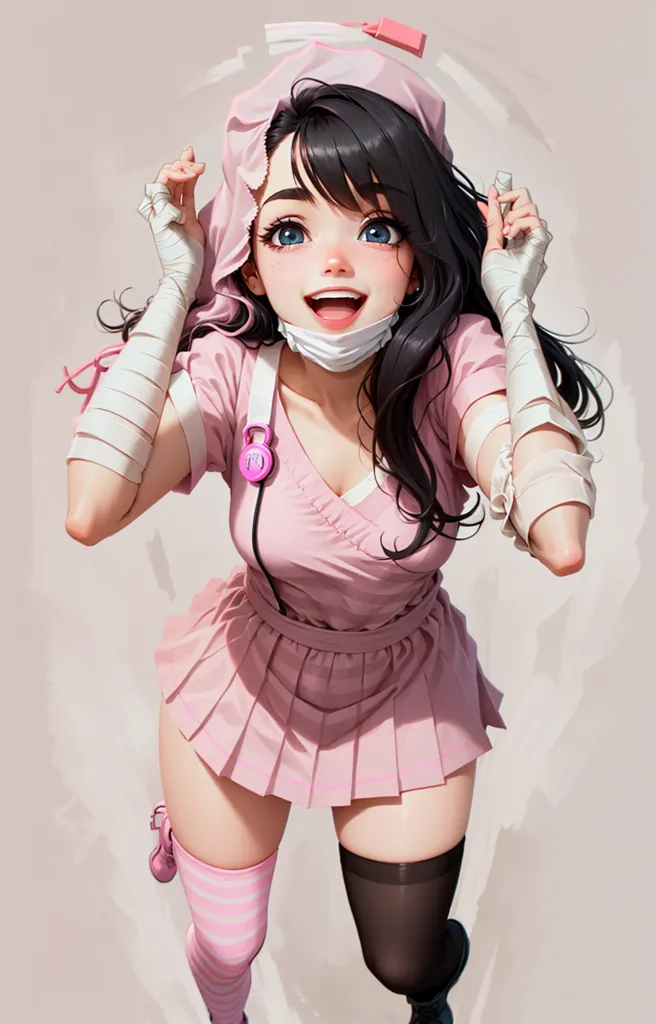 La imagen es de una mujer joven vestida con un uniforme de enfermera rosa y blanco. Tiene el cabello negro largo, ojos azules y una gran sonrisa en su rostro. Lleva una máscara quirúrgica blanca alrededor del cuello. Tiene vendajes envueltos alrededor de sus brazos y piernas. Está de pie con los brazos en alto y parece emocionada.