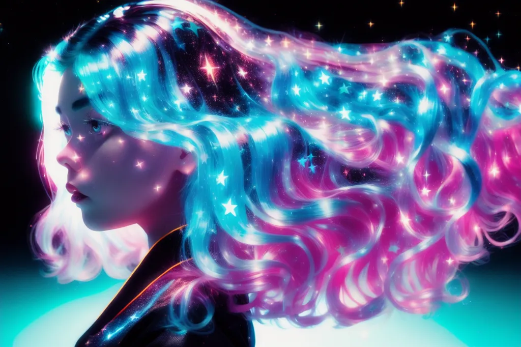 The image is a depiction of a woman with long, flowing hair. The hair is a gradient of blue and pink, and it is styled in a way that suggests that it is blowing in the wind. There are also stars scattered throughout the hair. The woman's face is serene, and her eyes are closed. She is wearing a dark blue shirt with a white collar. The background is a dark blue color.