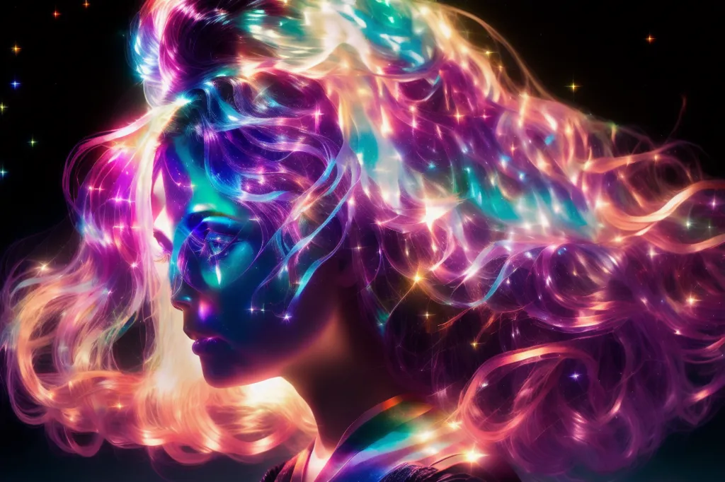 The image shows a woman's profile with long, flowing hair. The hair is made up of colorful strands that seem to glow. The woman's face is turned to the side, and she is looking down. Her eyes are closed, and she has a serene expression on her face. The background is dark, and there are stars twinkling in the distance. The image is very colorful and has a dreamlike quality.