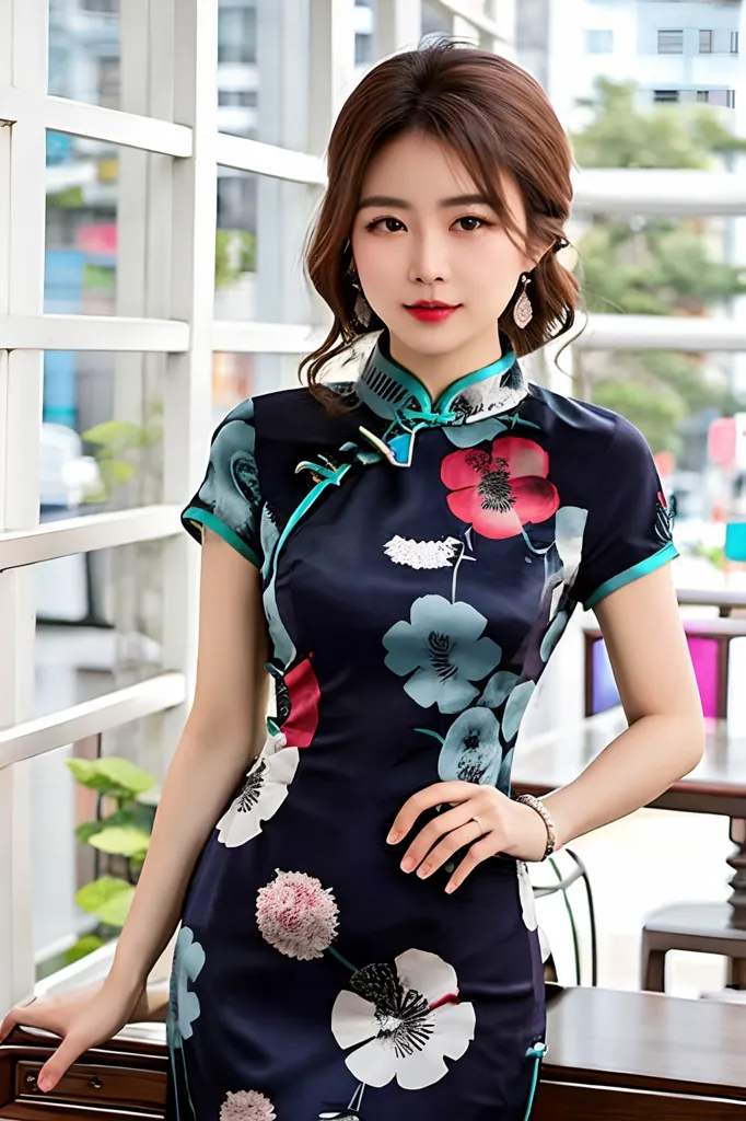 A imagem mostra uma jovem mulher usando um cheongsam azul com um padrão floral. O cheongsam é um vestido tradicional chinês geralmente usado por mulheres. É um vestido de uma peça ajustado ao corpo e com um colarinho alto. O cheongsam é frequentemente feito de seda ou outros tecidos luxuosos e é muitas vezes decorado com desenhos intrincados. A mulher na imagem está usando um cheongsam feito de um tecido azul com um padrão floral. O cheongsam tem um colarinho alto e é ajustado ao seu corpo. A mulher também está usando uma pulseira no pulso direito.