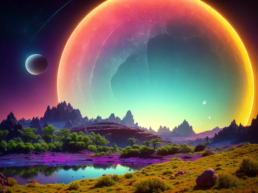 The image is an alien landscape. There is a large pink and purple planet in the sky, and a smaller moon. The ground is covered in rocks, grass, and trees. There is a body of water in the foreground. The sky is dark and there are stars and other planets in the distance.