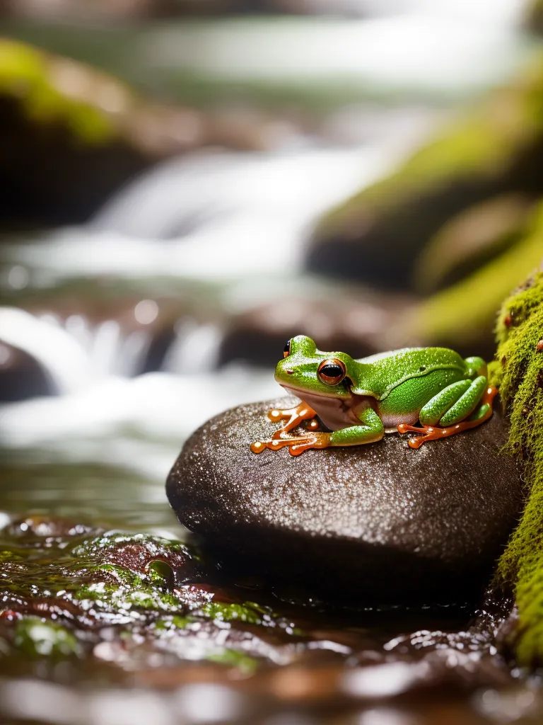 A bright green frog with red orange feet is sitting on a rock in a stream. The frog is looking to the right of the frame. The rock is wet and has moss growing on it. The water in the stream is clear and has a small waterfall in the background. The background is blurred and is made up of rocks and moss.