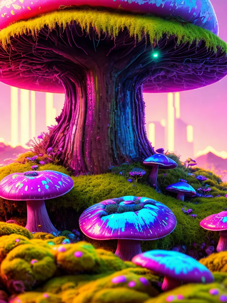 The image is a photo of a large, psychedelic mushroom. The mushroom is mostly purple with teal and pink accents. It has a large, round cap and a thick, textured stalk. The mushroom is growing in a forest of other mushrooms. The forest floor is covered in moss and there are no other plants visible in the image. The sky is a gradient of purple and pink. There is a bright light coming from the top of the mushroom.