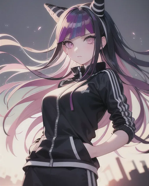 The image depicts a young woman with long purple hair and cat ears. She is wearing a black tracksuit with white stripes on the sleeves and white trim around the collar. The tracksuit has a purple zipper and white drawstrings. She has her hands in her pants pockets and is looking at the viewer with a serious expression. She has purple eyes and a beauty mark under her left eye. There is a gradient of light purple to dark purple in the background.