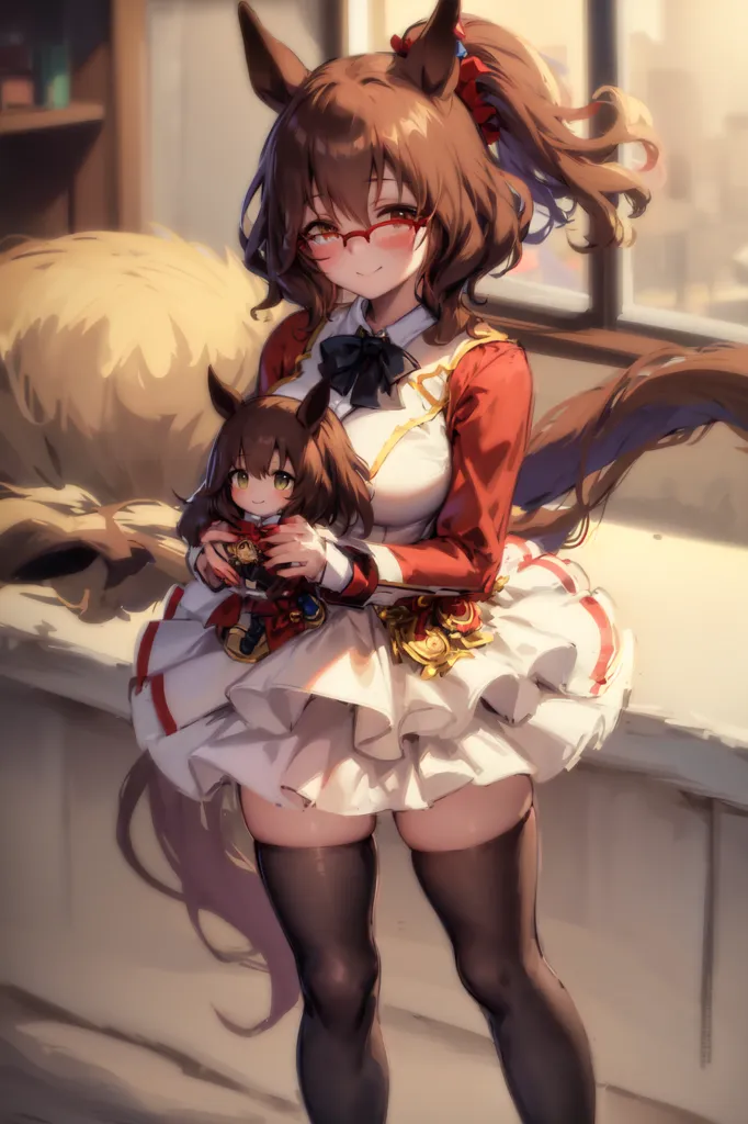 The image is of an anime girl with brown hair and fox ears. She is wearing a red and white dress with a white bow tie. She is also wearing glasses. She is holding a smaller version of herself in her hands. The background is of a room with a window.