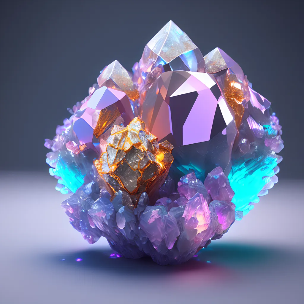 The image is a 3D rendering of a cluster of crystals. The crystals are of various sizes and shapes, and they are all arranged in a radial pattern. The crystals are mostly purple, but there are also some blue and green crystals. The crystals are also glowing, and they are casting a purple light on the surrounding area. The background is a dark grey.