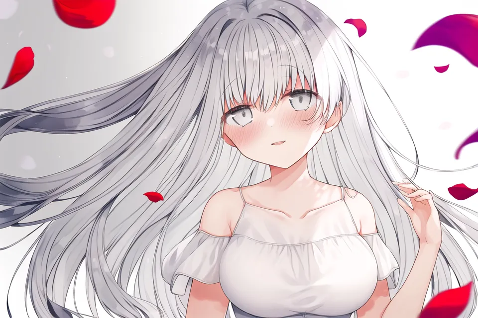 The image is of a beautiful anime girl with long, flowing white hair. She is wearing a white dress with off-shoulder sleeves. The girl has a gentle smile on her face and her eyes are slightly closed. There are red rose petals falling around her. The background is a soft, light pink color.