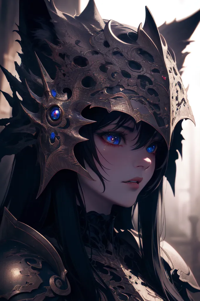 The image is of a young woman with long black hair and blue eyes. She is wearing a suit of black armor and a helmet with a dragon-like design. The armor has blue gems on the chest and on the helmet. The woman's expression is serious and determined.