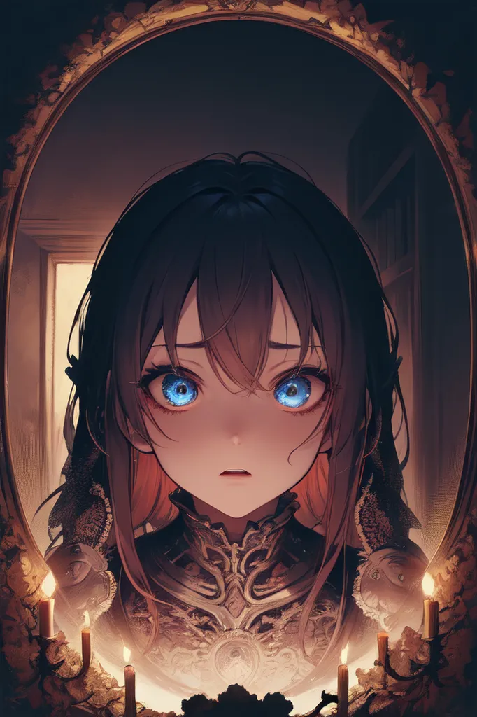 The image is a painting of a young girl with long brown hair and blue eyes. She is wearing a black dress with a white collar. The girl is standing in front of a mirror, and she is looking at her reflection. The background is dark, but there are two candles on either side of the mirror. The girl's expression is one of sadness and longing.