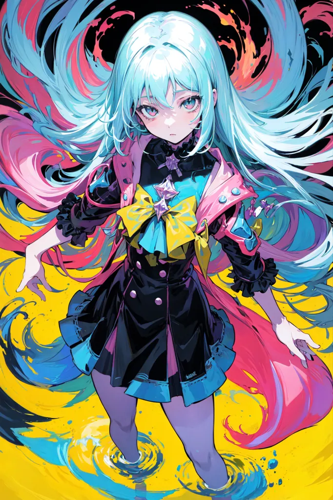 This is an image of a girl with long blue hair and pink eyes. She is wearing a black dress with a yellow collar and a blue skirt. She is also wearing a red cape. She is standing in a yellow liquid and is surrounded by colorful splashes of paint.