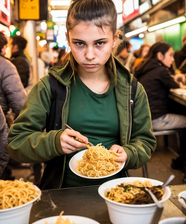 Une jeune fille mange une assiette de nouilles avec des baguettes. Elle est assise à une table dans un restaurant et il y a d'autres personnes en arrière-plan. La fille porte un t-shirt vert et une veste noire. Elle a les cheveux attachés en queue de cheval et elle regarde la caméra.