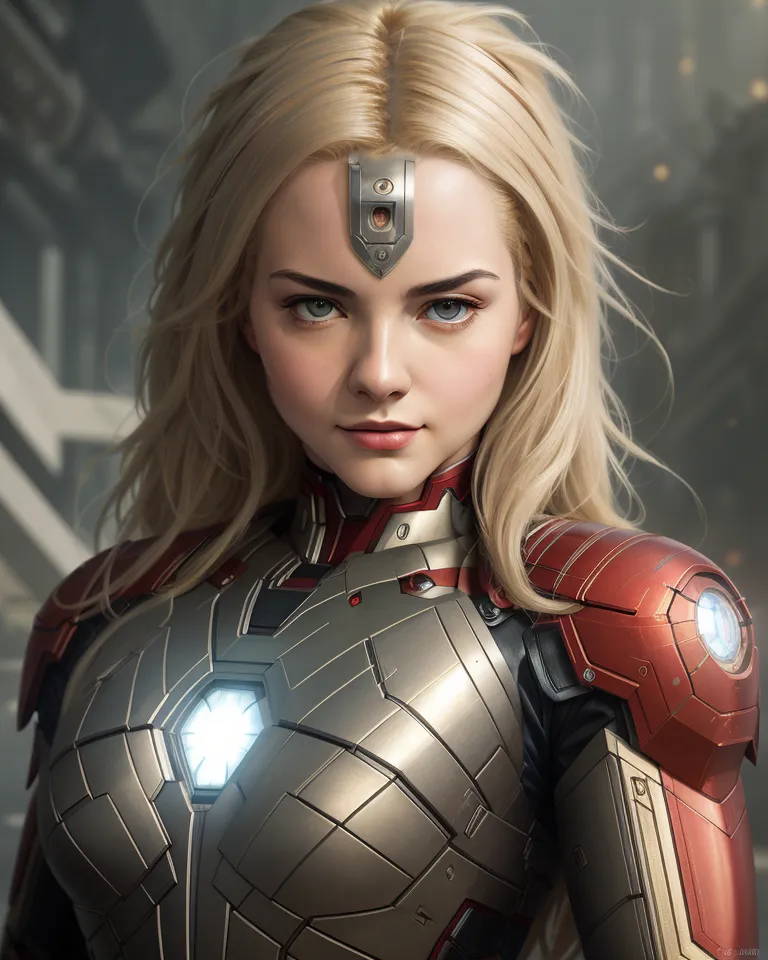 The image shows a young woman with long blonde hair and blue eyes. She is wearing a red and gold Iron Man suit of armor. The suit has a glowing blue circle in the center of the chest. The woman's expression is one of determination and focus. She is standing in a dark, industrial setting. There are large metal beams and pipes in the background.