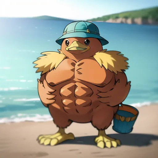 The image shows a muscular duck wearing a blue hat and carrying a blue bucket. The duck is standing on the beach, with the ocean and a rocky cliff in the background. The duck has a determined expression on its face, as if it is about to do something important.