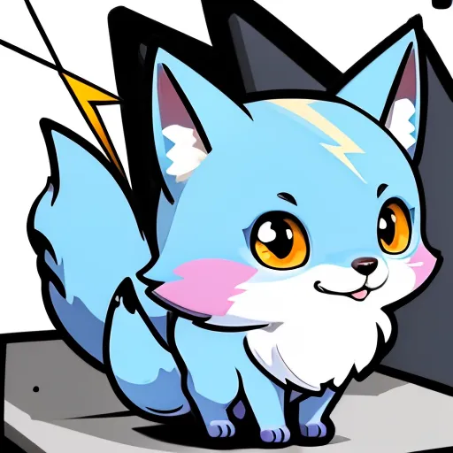 The image shows a cartoon fox with blue fur, a white belly, and pink inner ears. The fox has yellow eyes and a black nose. Its tail is tipped with yellow and has a lightning bolt pattern running along its length. The fox is sitting on a ledge and has a happy expression on its face.