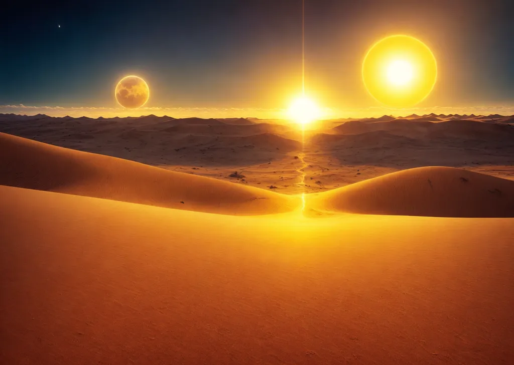 The image shows a desert landscape with two suns in the sky. The suns are both very bright and are casting long shadows over the sand dunes. The sand dunes are a light golden color and are rippled with footprints. There is a large moon in the sky as well. The sky is a deep blue color and is clear of clouds.