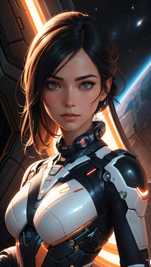 This is an image of a young woman in a futuristic spacesuit with brown hair and blue eyes. She is standing in front of a spaceship with a planet and stars in the background. She is wearing a white and gray spacesuit with a black collar. The spacesuit has orange lights on the shoulders and a red light on the chest. She has a gun on her right hip. She is looking at the camera with a serious expression.