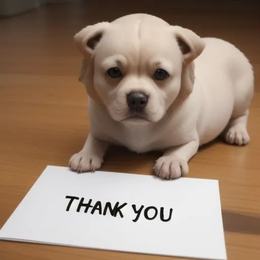 The image shows a cute puppy sitting on the floor with a card in front of it. The card says "Thank You". The puppy has light fur and dark eyes. It is looking up at the camera with a curious expression. The background is blurred and light brown in color.