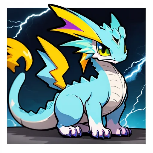 The image shows a blue dragon with yellow and purple lightning bolt-shaped protrusions on its back and tail. It has green eyes and white claws. There is a dark background with storm clouds and lightning bolts.