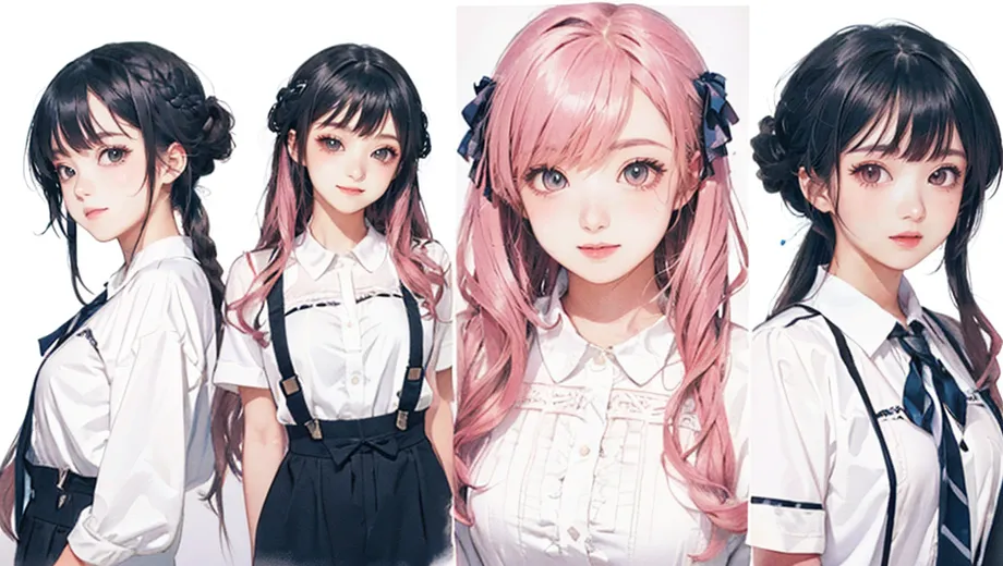 The image shows four anime girls with different hairstyles. The first girl has black hair tied in a bun. She is wearing a white shirt and black suspenders. The second girl has black hair with pink highlights. She is wearing a white shirt and black suspenders. The third girl has pink hair and is wearing a white shirt. The fourth girl has black hair and is wearing a white shirt with a black tie.