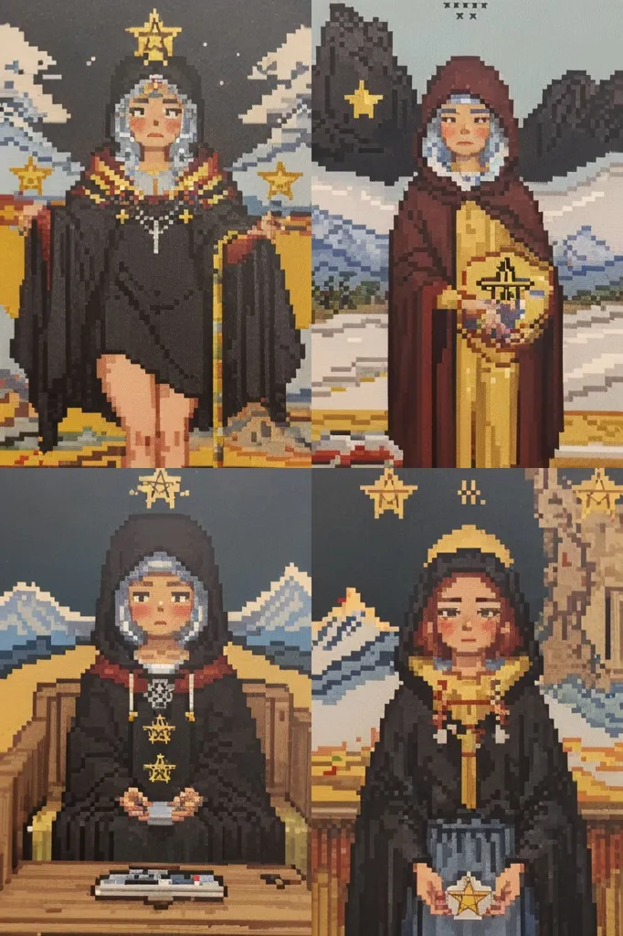 This image is a pixelated representation of four characters, each with a starry background. The top left character is wearing a black robe with a white collar and has a star on their head. The top right character is wearing a brown robe with a hood and has a star on their head. The bottom left character is wearing a black robe with a white collar and is playing a video game. The bottom right character is wearing a black robe with a white collar and is holding a book.