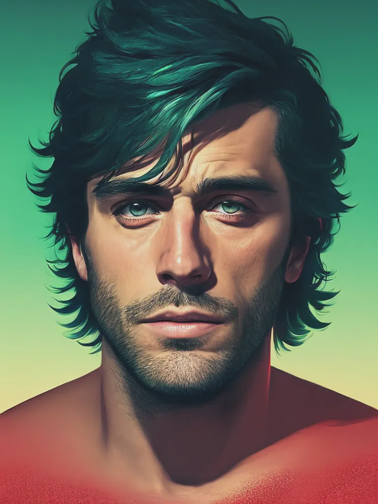 This is a picture of a man with green hair and green eyes. He has a beard and a muscular build. He is looking at the viewer with a serious expression. He is wearing a red shirt. The background is a gradient of green and yellow.