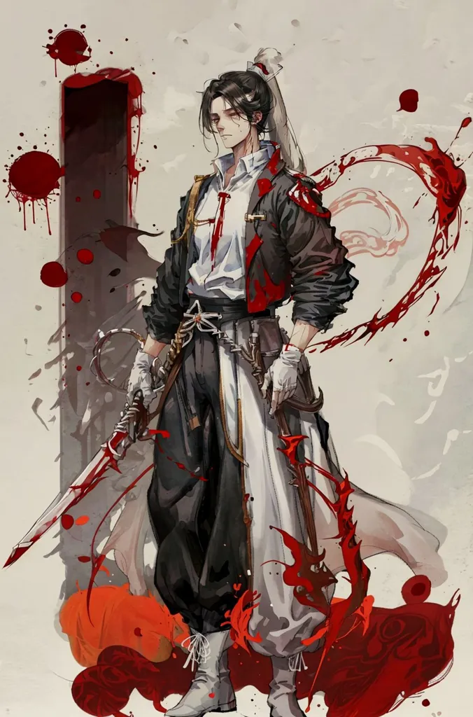 The image is of a man standing with a sword in each hand. He is wearing a black jacket and white shirt and has long black hair and red eyes. He is surrounded by blood.