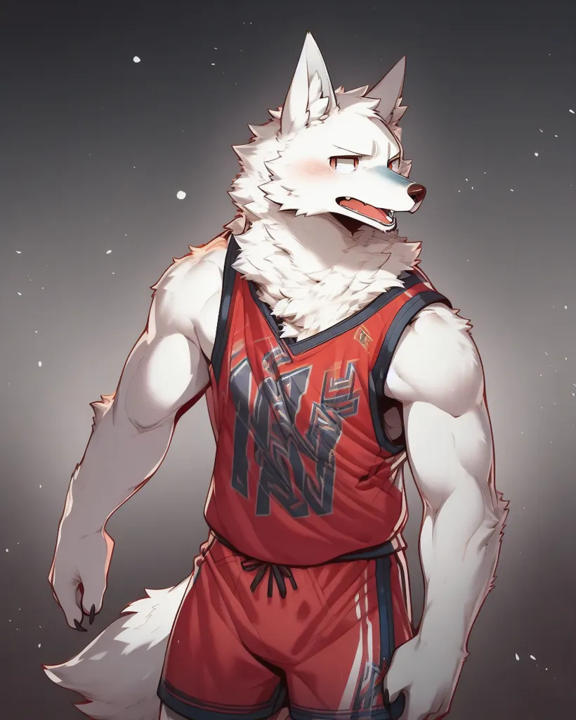 The image is of a muscular white wolf wearing a red and white basketball jersey and shorts. The wolf has a confident expression on its face and is looking to the right. The background is a dark grey with a few white dots.