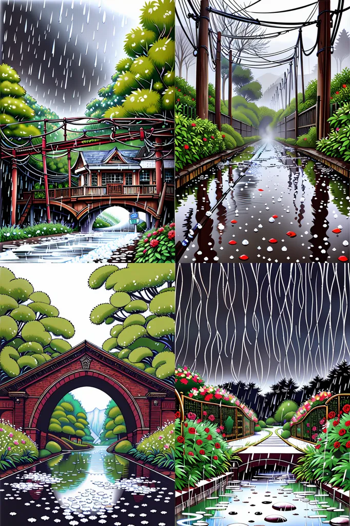 The image is a collage of four different rainy scenes. The first scene is a street with a bridge in the background. It is raining heavily and the street is wet. The second scene is a park with a pond. It is also raining heavily and the pond is rippling. The third scene is a close-up of a flower garden. The flowers are wet from the rain and the petals are glistening. The fourth scene is a path in a forest. The rain is light and the path is wet.