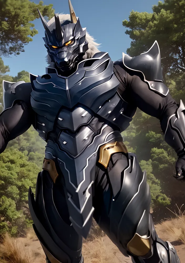 The image is of a muscular man-wolf hybrid wearing black and gray armor. The armor has gold trim and the man-wolf has yellow eyes. The background is a forest with green trees and the man-wolf is standing on a dirt path.