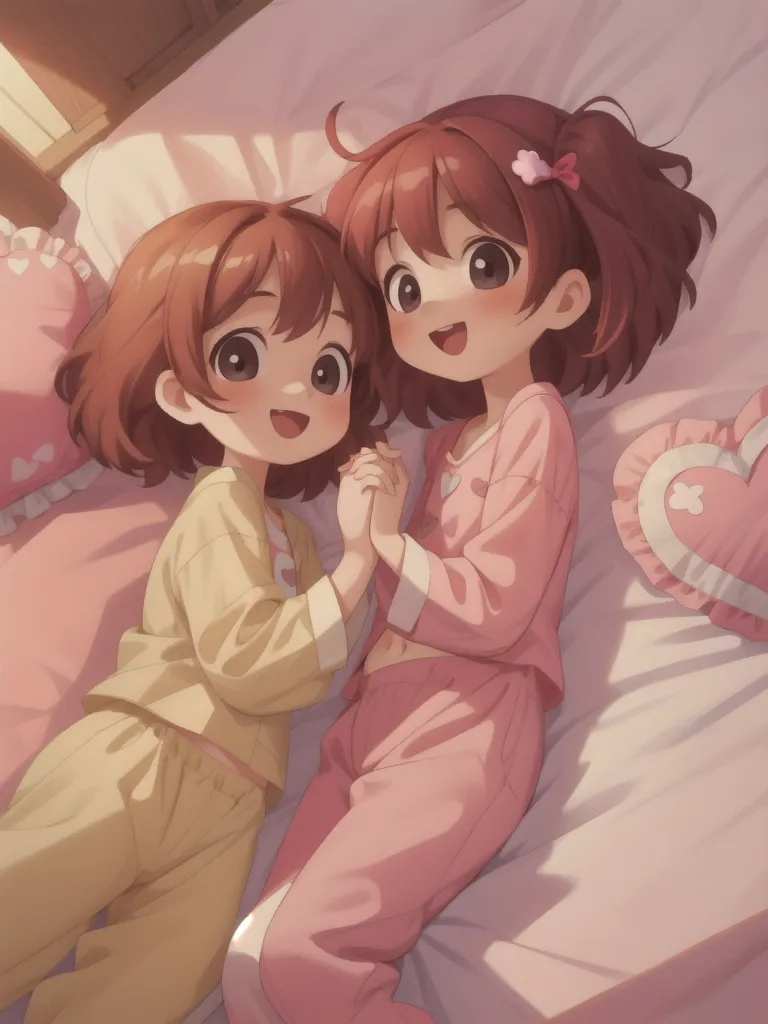 The image shows two young girls in their pajamas. They are lying on a bed, holding hands, and smiling. The girl on the left is wearing a yellow pajama top with white trim and pink pajama bottoms. She has short brown hair and brown eyes. The girl on the right wears a pink pajama top with white trim and pink pajama bottoms. She has short brown hair with a pink bow and brown eyes. The background is a soft, light pink color.