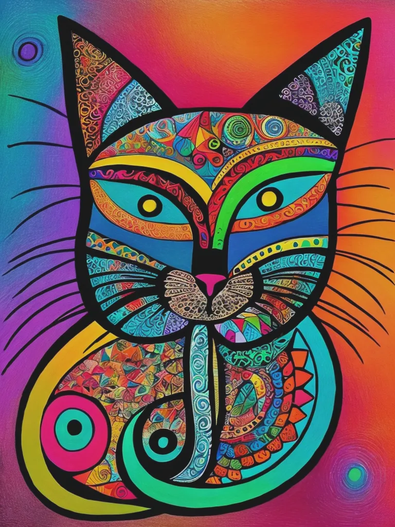 This is a digital painting of a cat. The cat is depicted in a colorful and abstract style, with bright colors and intricate patterns. The cat's face is the main focus of the painting, and it is surrounded by a colorful background. The cat's eyes are closed, and its mouth is slightly open. The painting has a whimsical and playful feel to it, and it is sure to brighten up any room.