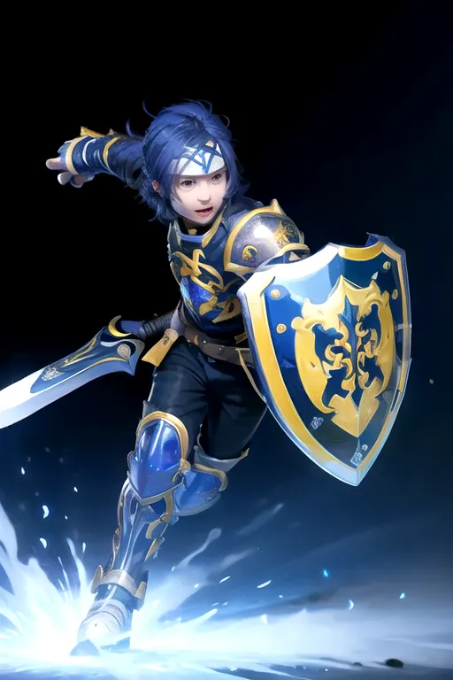 This is an image of a young warrior. He appears to be of noble birth, as he is wearing a suit of armor and a cape. He is also carrying a sword and a shield. The background is a dark blue color, which makes the warrior stand out. The warrior is in a dynamic pose, as if he is about to attack.