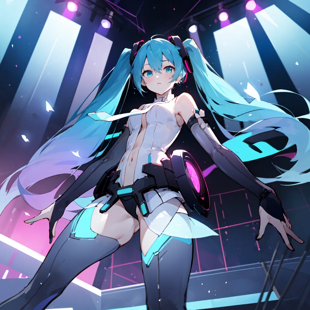 This is an image of a Vocaloid character named Hatsune Miku. She is a virtual singer who uses synthesized vocals to sing songs. She is depicted with long, blue hair, blue eyes, and a white and blue outfit. She is standing on a stage with a spotlight shining on her. She is surrounded by blue and purple lights.