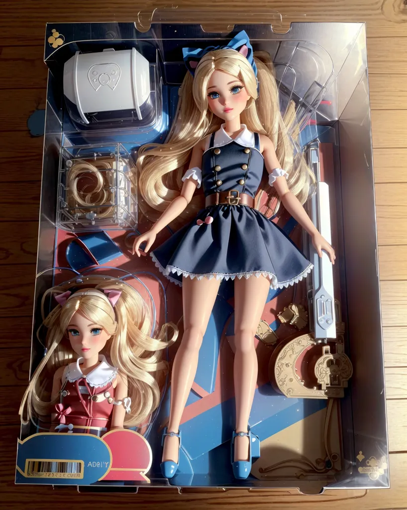 The image shows a box containing a doll. The doll has long blonde hair, blue eyes, and is wearing a blue and white dress. She is also wearing a pair of cat ears. The box also contains a number of accessories, including a second, smaller doll, a white case,  and a weapon. The box is decorated with pink and blue accents.