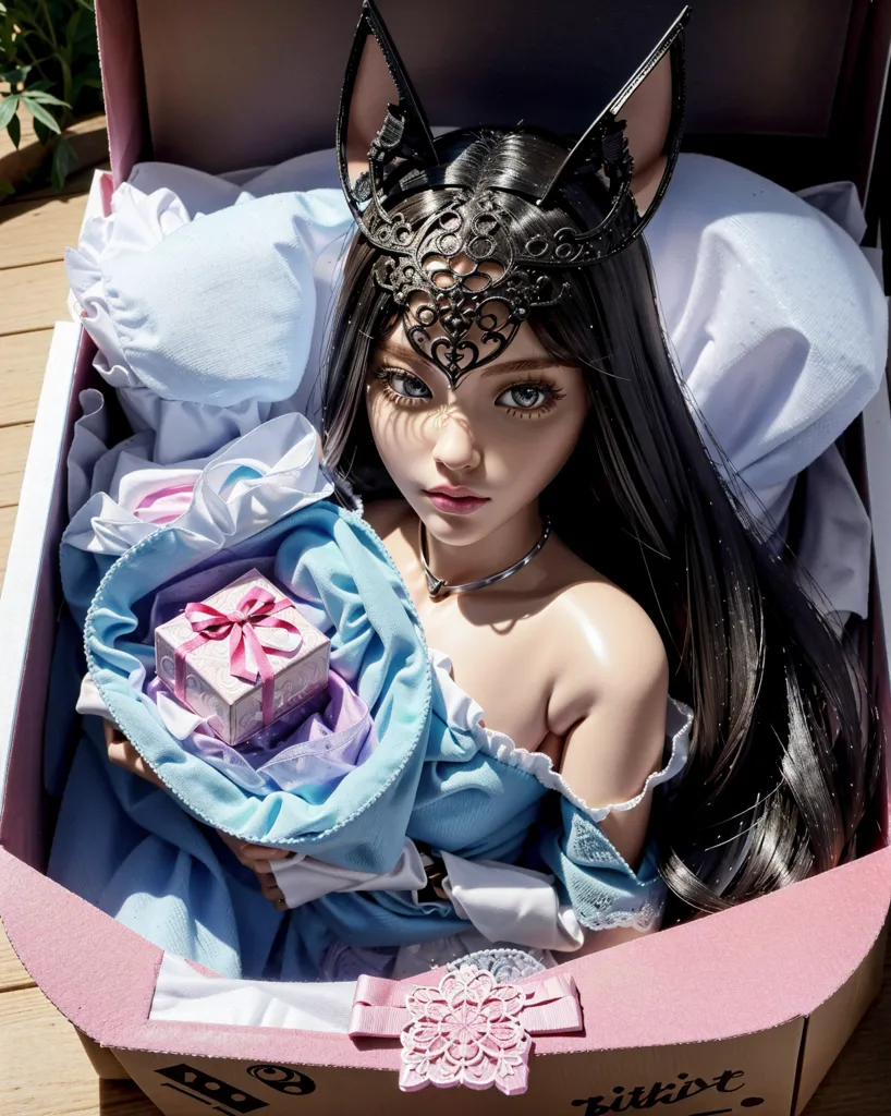 The image shows a beautiful doll with long black hair and blue eyes. She is wearing a blue dress with a white collar and a black necklace. She has a present in her hands. The doll is sitting in a pink box with a white blanket. The box is decorated with a pink ribbon.