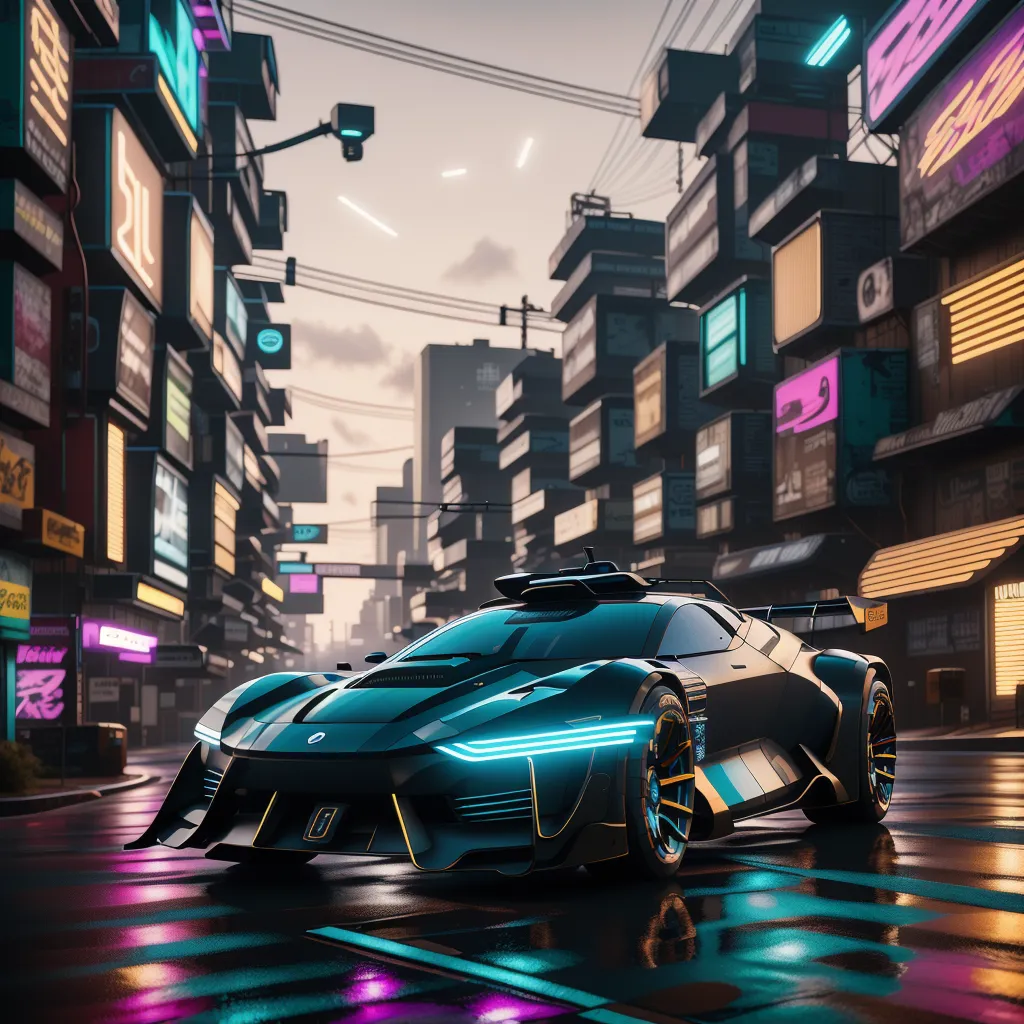 A sleek black sports car is parked on a wet city street. Neon lights from the surrounding buildings reflect off the car's surface. The car is futuristic in design, with sharp angles and a low profile. It has a large spoiler on the back and a small wing on the front. The car is also very clean, with no visible dirt or damage.