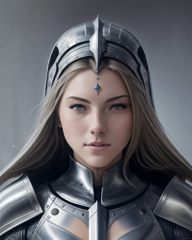 L'image est un portrait d'une jeune femme en armure. Elle a de longs cheveux blonds, des yeux bleus et un teint clair. Elle porte une cuirasse d'argent et un casque d'argent avec une pierre bleue au centre. La cuirasse est décorée de motifs complexes, et le casque a une visière relevée pour révéler son visage. L'expression de la femme est celle de la détermination et de la force. Elle semble prête à faire face à tous les défis qui se présenteront à elle.