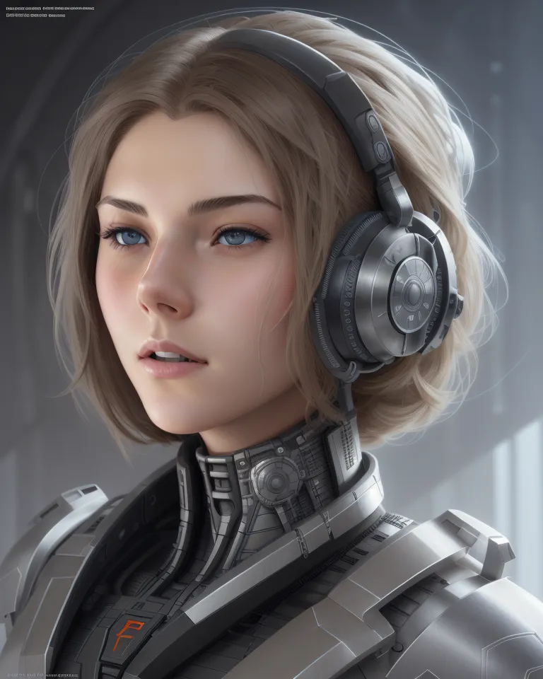 The image is a portrait of a young woman with short blonde hair and blue eyes. She is wearing a futuristic suit of armor and a pair of headphones. The woman's expression is serious and determined. The background is a blur of light and dark colors.